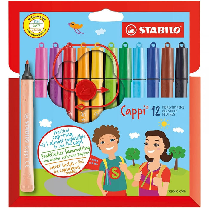 Cappi 12 Assorted Coloured Fibre Tip Pens With Cap-Ring