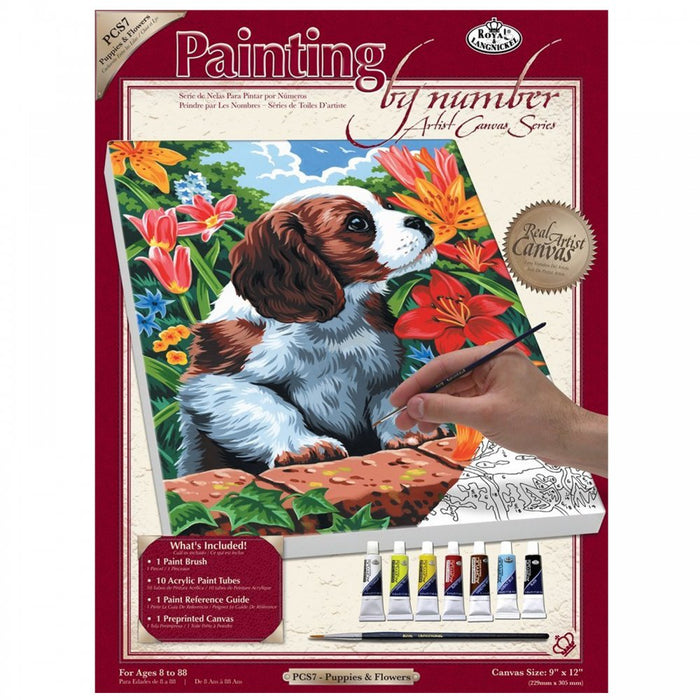 Puppy & Flowers Canvas Painting By Numbers